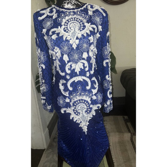 vtg Eves Allure Dress Blue Silk Sequins Beaded 90s Formal small gorgeous - Picture 2 of 10